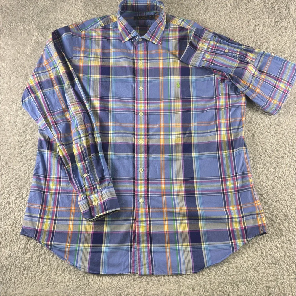Polo Ralph Lauren Mens XL Plaid Button‎ Down Shirt Multi Color Cotton Pony Logo